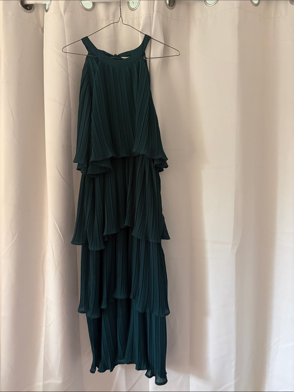 Tiered Pleated Halter Midi Dress - Deep Teal Green